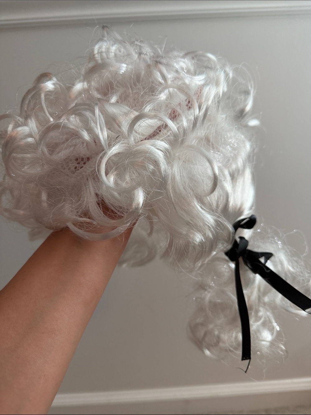 White Curly Ponytail Hairpiece with Black Ribbon - costume wig